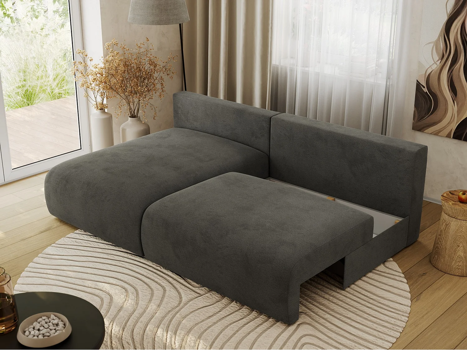 Ecksofa VIVO - L-form Couch mit Schlaffunktion und Bettkasten, Wellenfeder - Dunkelgrau Velvet - Ecke Links