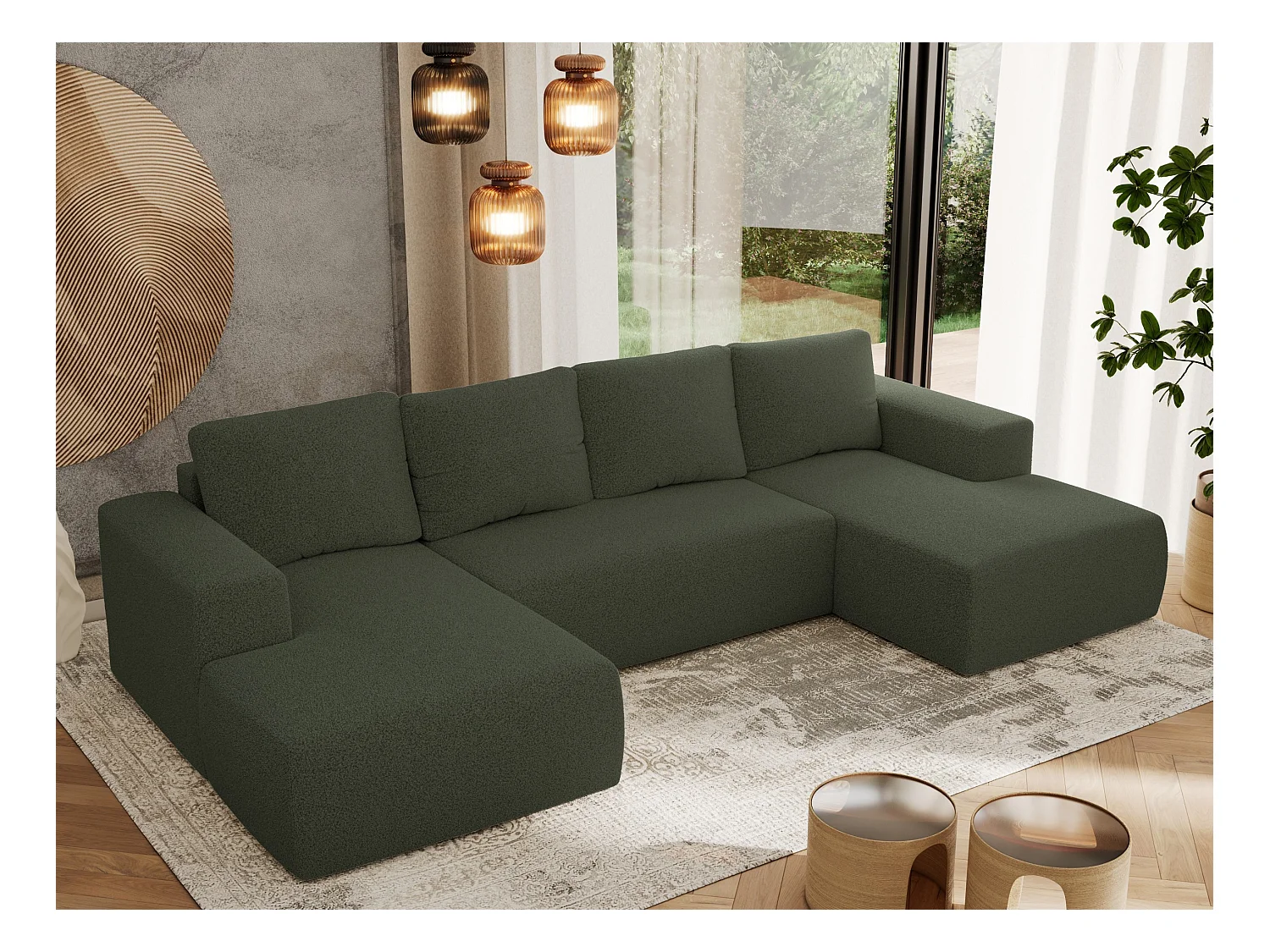 Ecksofa TRENTINO U - mit Schlaffunktion und Bettkasten, U-förmiges Wohnlandschaft, Armlehnen - Grün Boucle