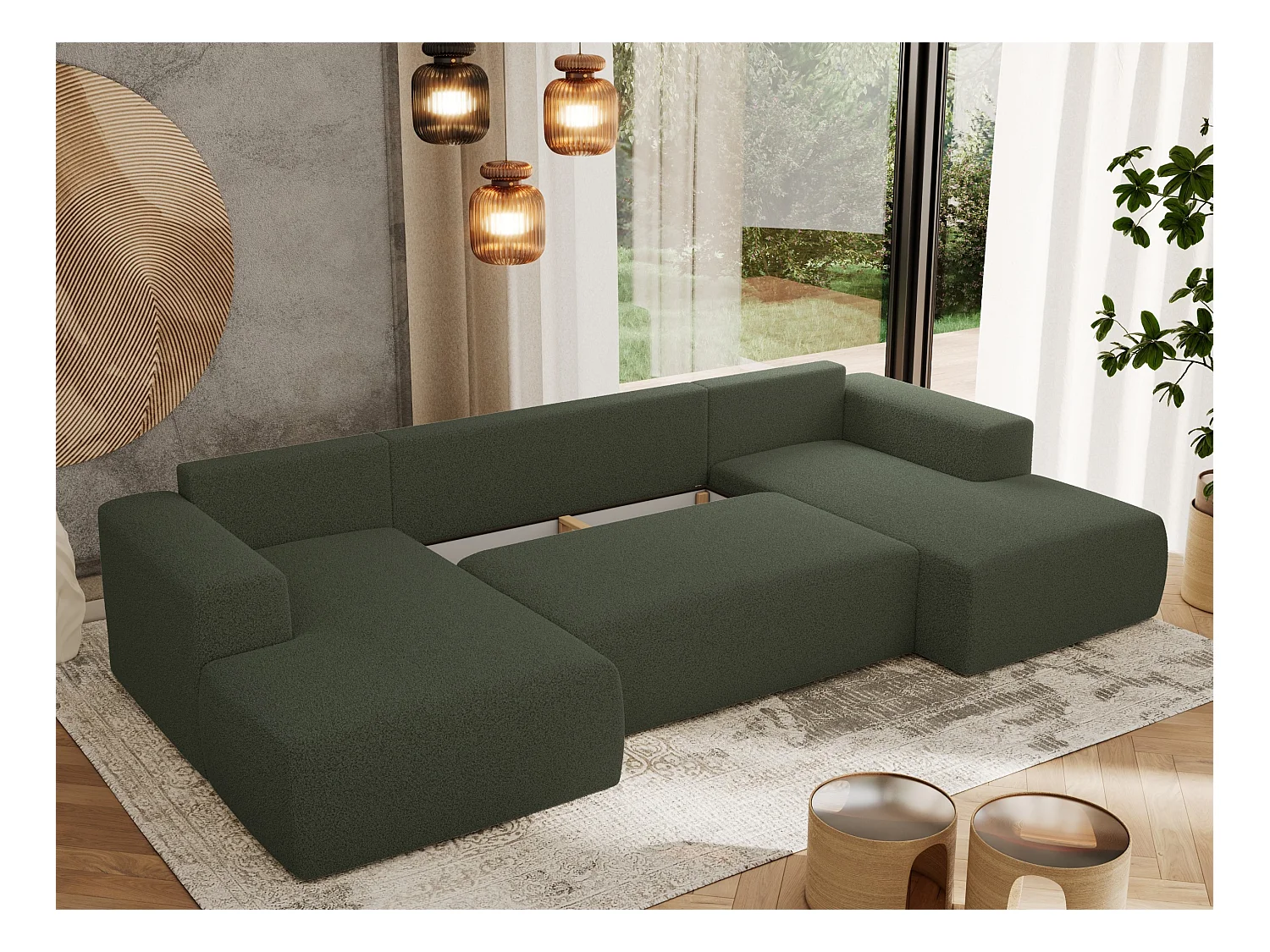 Ecksofa TRENTINO U - mit Schlaffunktion und Bettkasten, U-förmiges Wohnlandschaft, Armlehnen - Grün Boucle