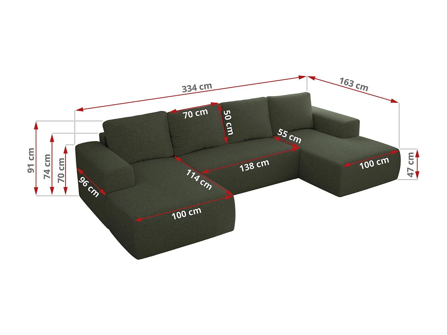 Ecksofa TRENTINO U - mit Schlaffunktion und Bettkasten, U-förmiges Wohnlandschaft, Armlehnen - Grün Boucle