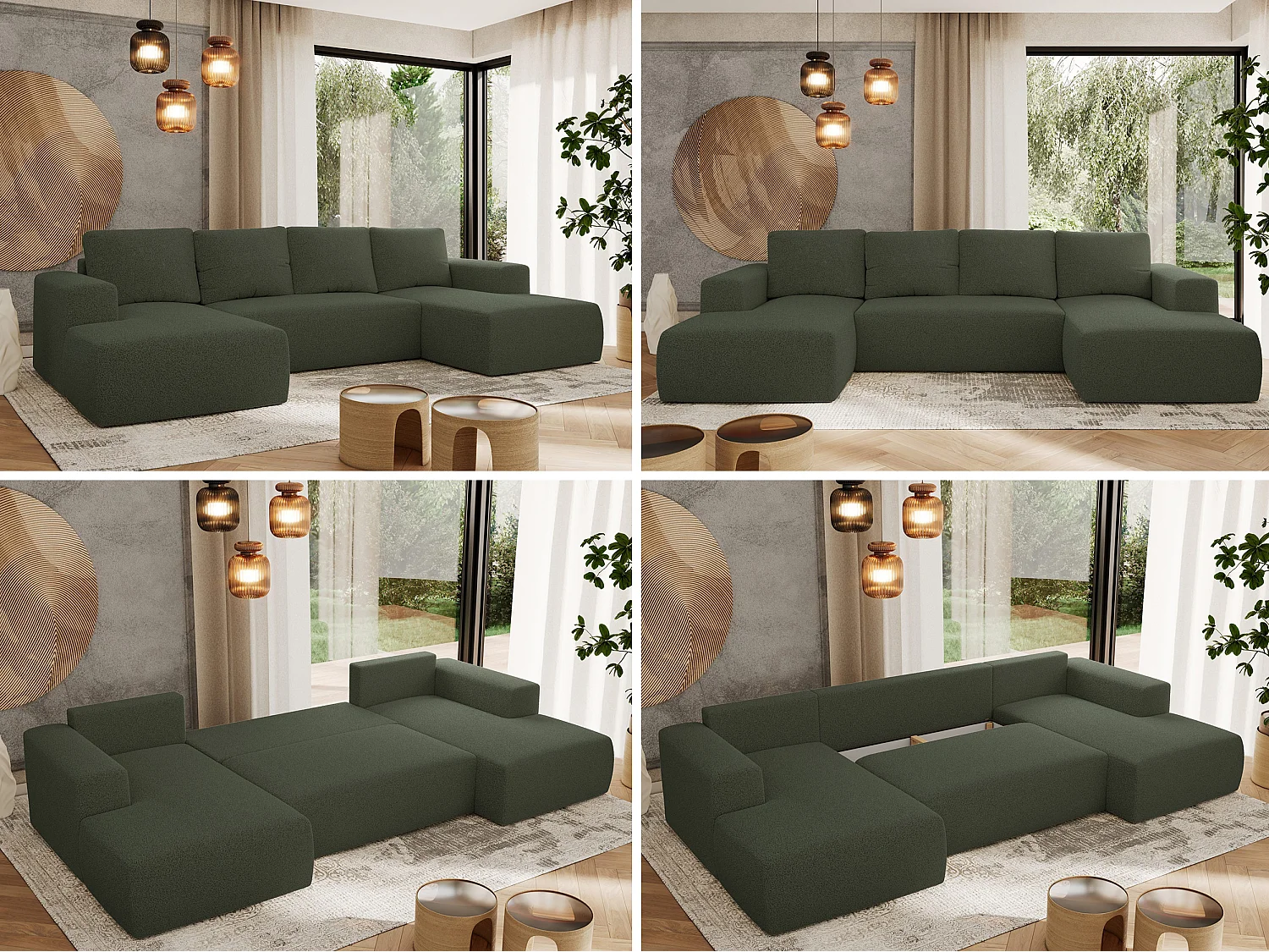 Ecksofa TRENTINO U - mit Schlaffunktion und Bettkasten, U-förmiges Wohnlandschaft, Armlehnen - Grün Boucle