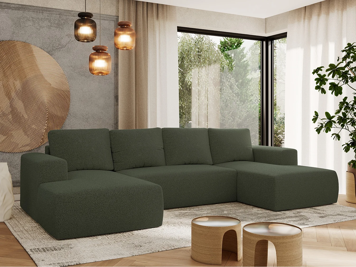 Ecksofa TRENTINO U - mit Schlaffunktion und Bettkasten, U-förmiges Wohnlandschaft, Armlehnen - Grün Boucle