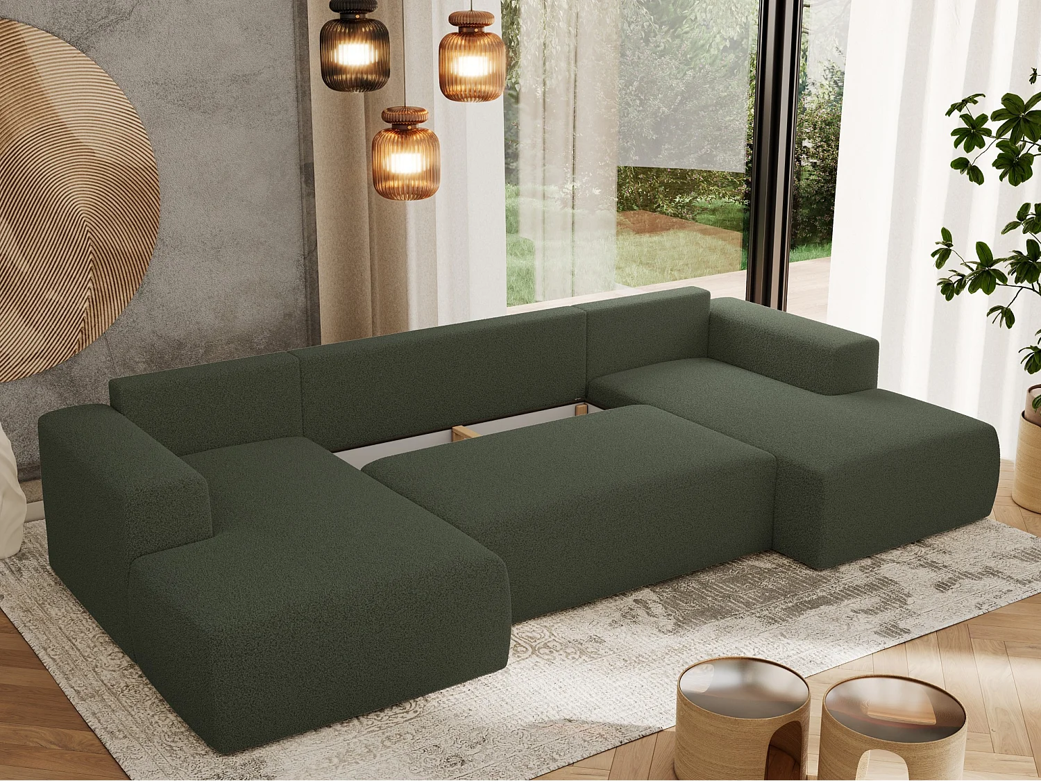 Ecksofa TRENTINO U - mit Schlaffunktion und Bettkasten, U-förmiges Wohnlandschaft, Armlehnen - Grün Boucle