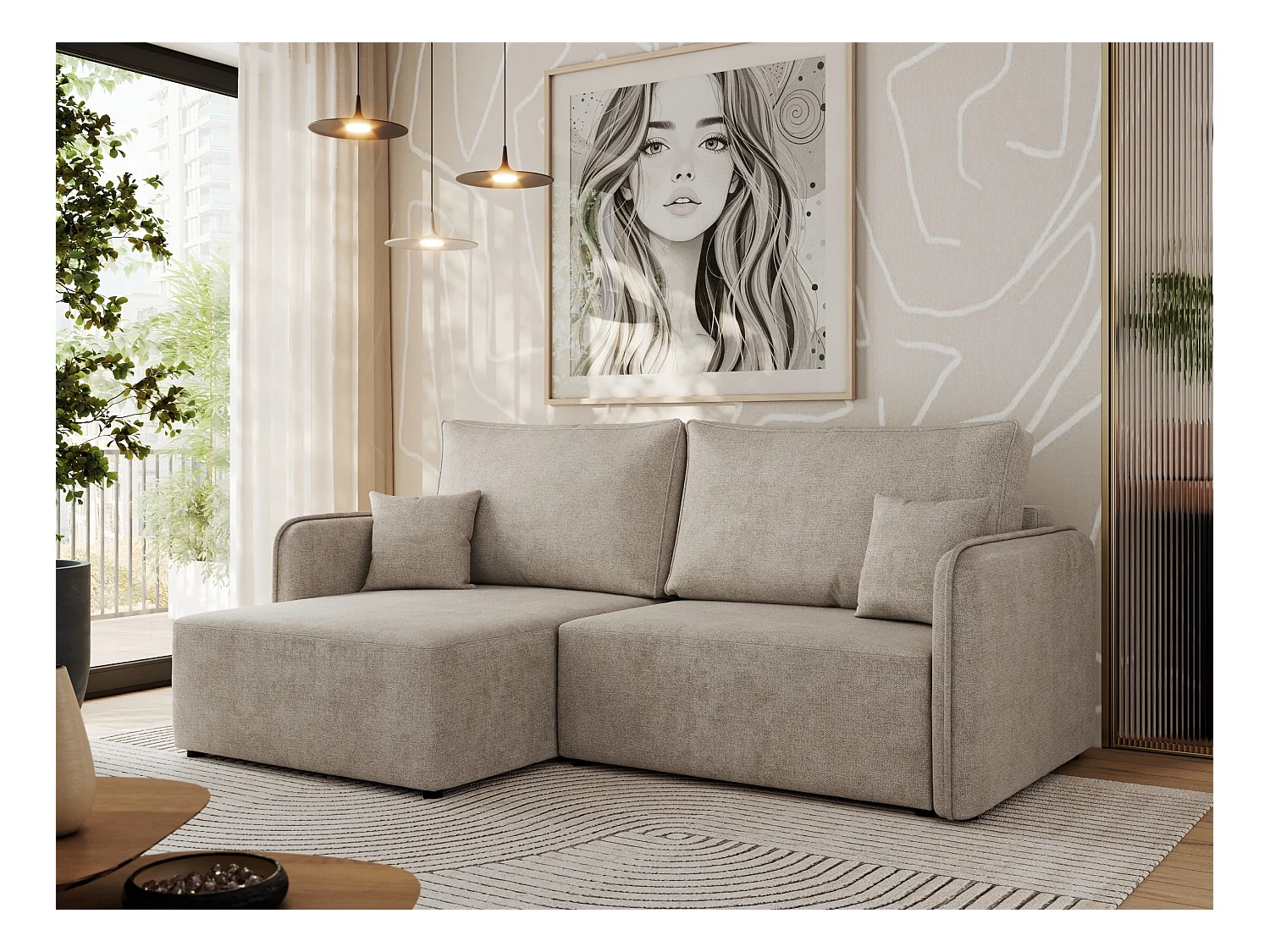 Ecksofa MESTO - Schlaffunktion und Bettkasten, L-form Couch für das Wohnzimmer, Armlehnen - Beige Struktur - Ecke Links