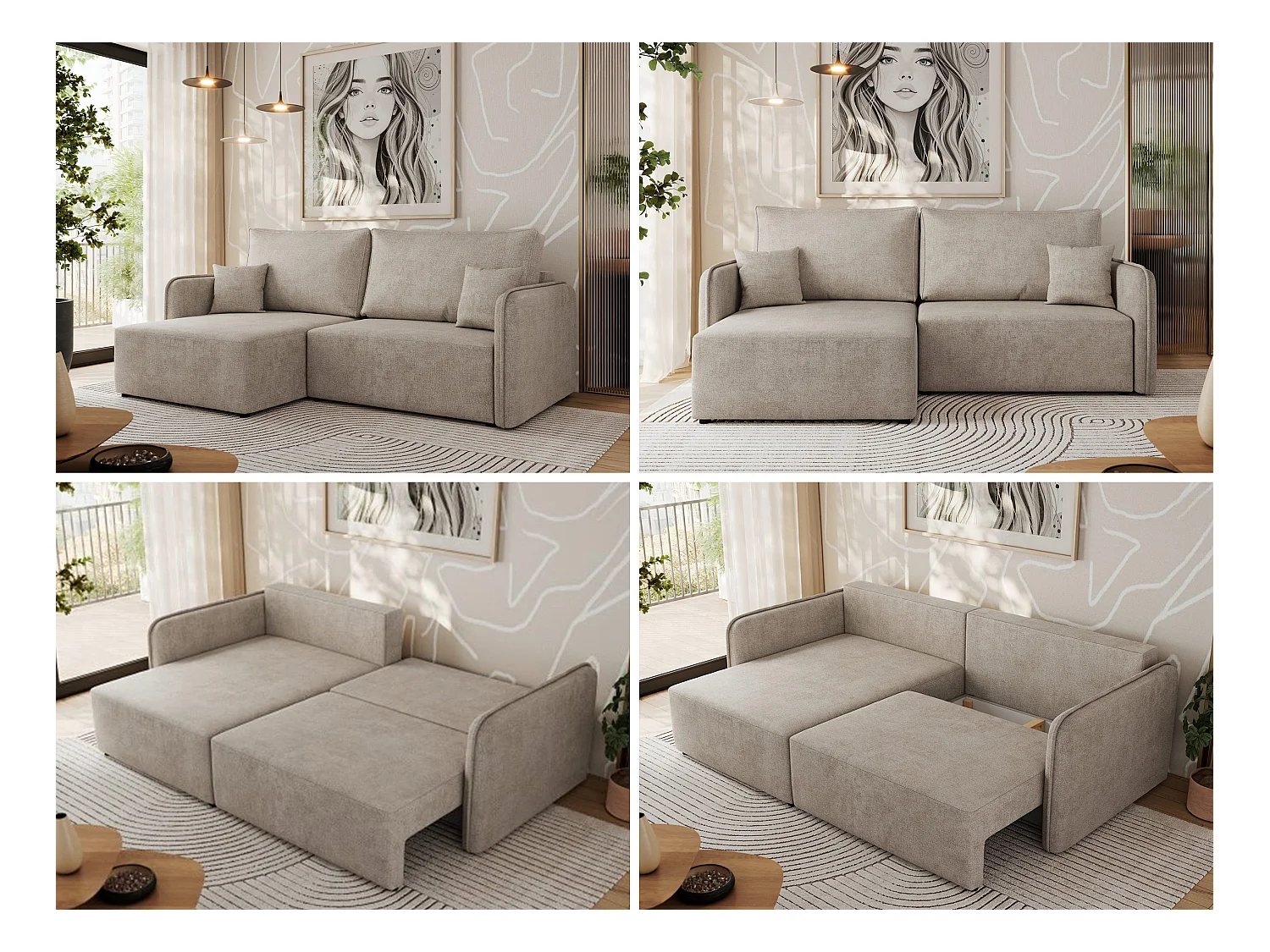 Ecksofa MESTO - Schlaffunktion und Bettkasten, L-form Couch für das Wohnzimmer, Armlehnen - Beige Struktur - Ecke Links