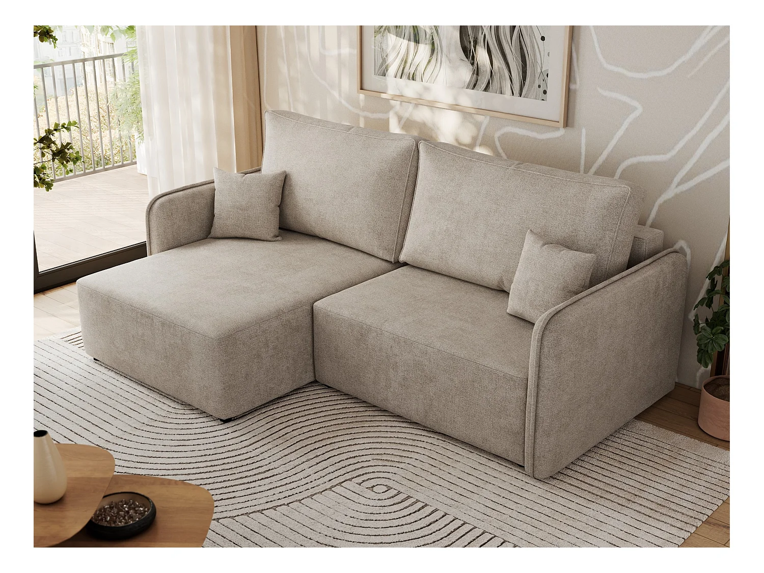 Ecksofa MESTO - Schlaffunktion und Bettkasten, L-form Couch für das Wohnzimmer, Armlehnen - Beige Struktur - Ecke Links