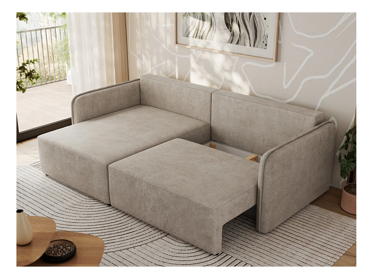 Ecksofa MESTO - Schlaffunktion und Bettkasten, L-form Couch für das Wohnzimmer, Armlehnen - Beige Struktur - Ecke Links