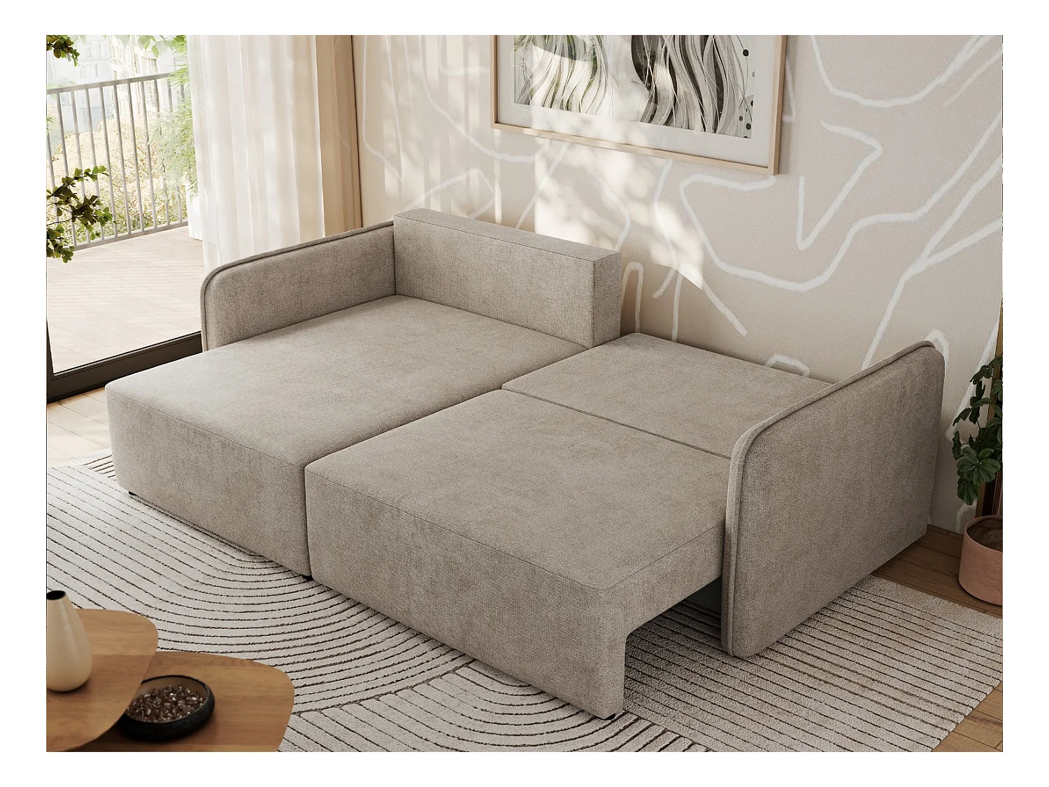 Ecksofa MESTO - Schlaffunktion und Bettkasten, L-form Couch für das Wohnzimmer, Armlehnen - Beige Struktur - Ecke Links
