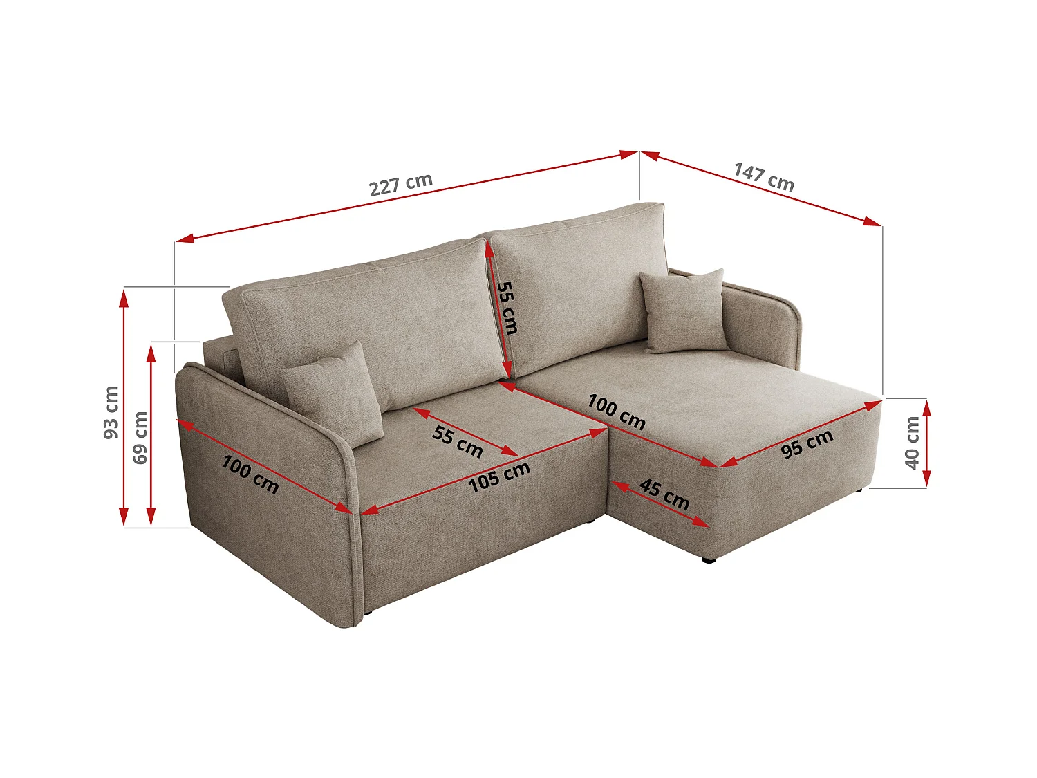 Ecksofa MESTO - Schlaffunktion und Bettkasten, L-form Couch für das Wohnzimmer, Armlehnen - Beige Struktur - Ecke Links