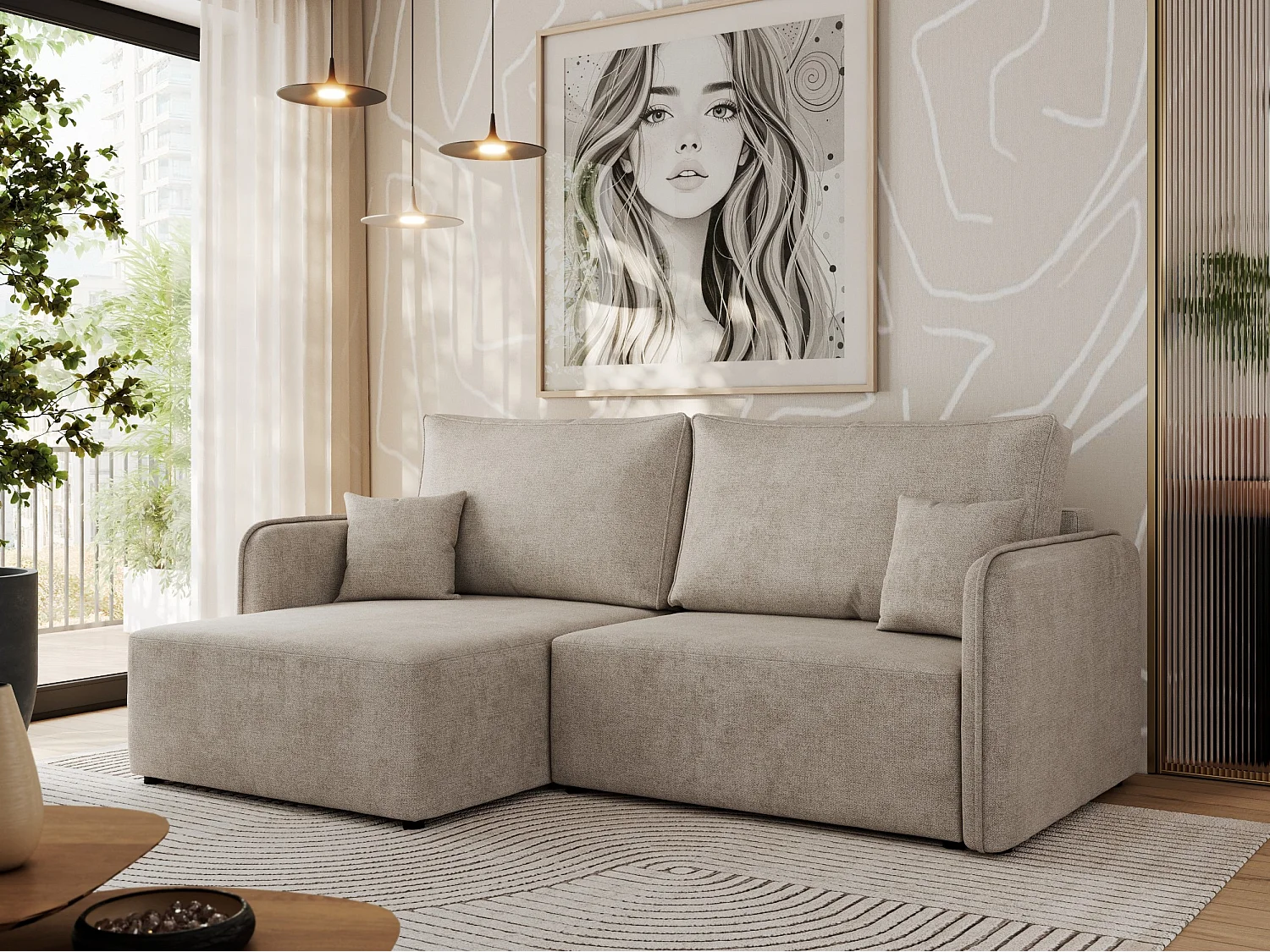 Ecksofa MESTO - Schlaffunktion und Bettkasten, L-form Couch für das Wohnzimmer, Armlehnen - Beige Struktur - Ecke Links