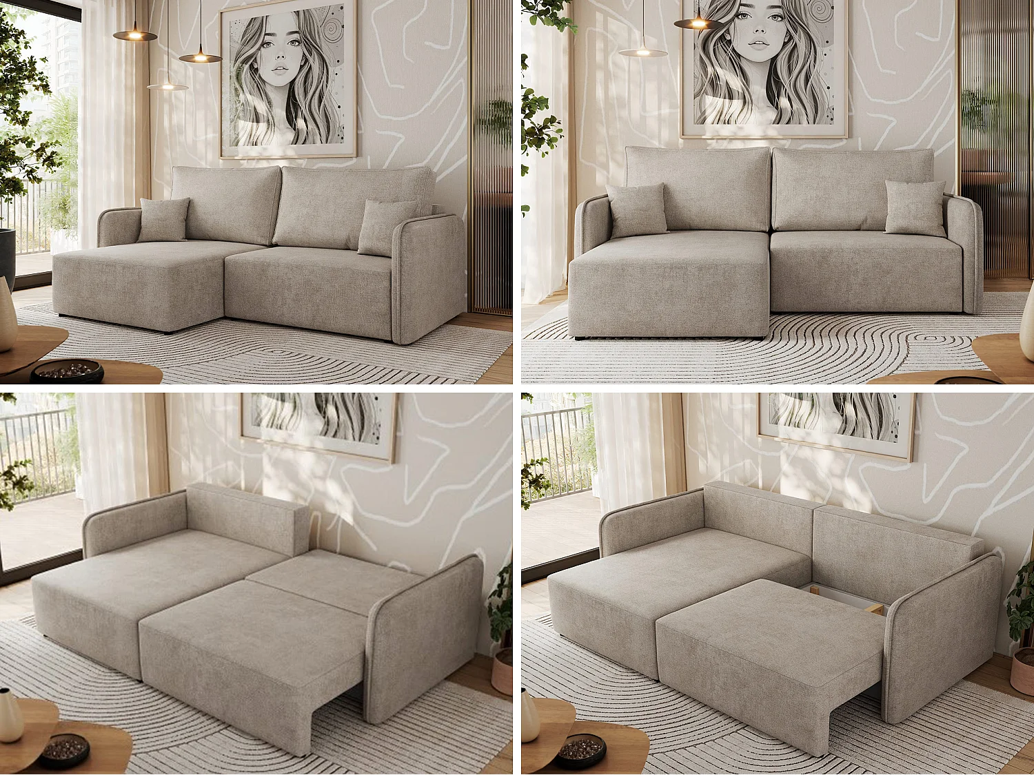 Ecksofa MESTO - Schlaffunktion und Bettkasten, L-form Couch für das Wohnzimmer, Armlehnen - Beige Struktur - Ecke Links
