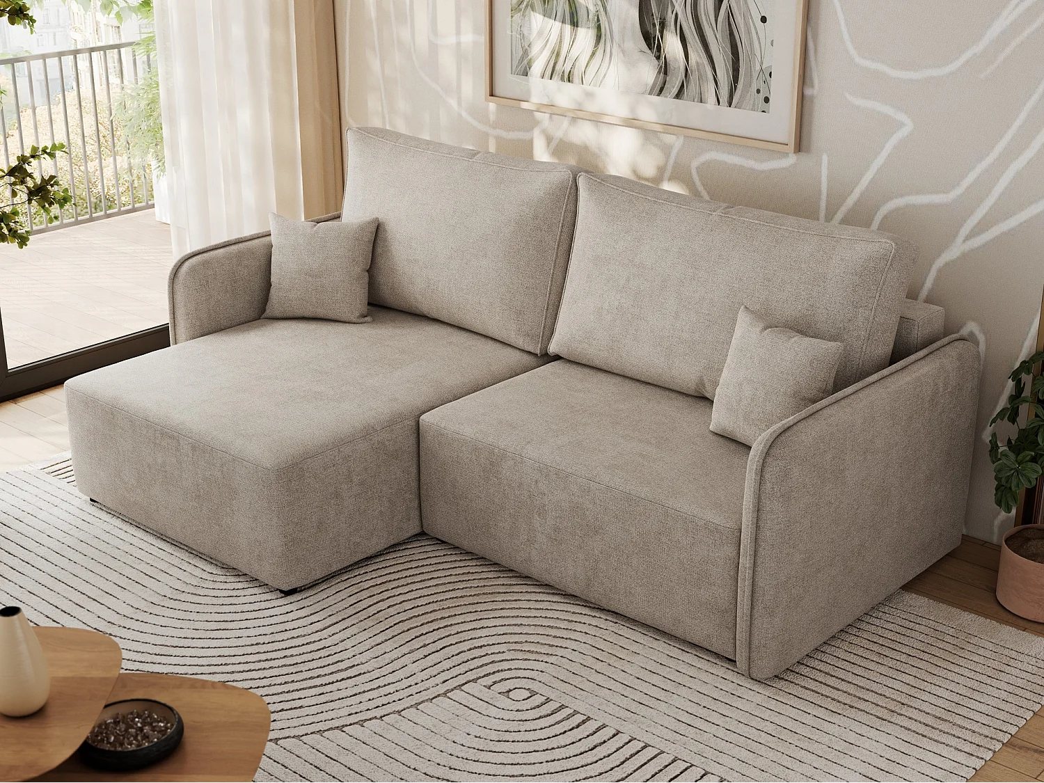 Ecksofa MESTO - Schlaffunktion und Bettkasten, L-form Couch für das Wohnzimmer, Armlehnen - Beige Struktur - Ecke Links