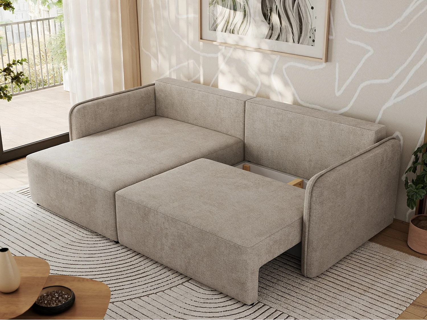 Ecksofa MESTO - Schlaffunktion und Bettkasten, L-form Couch für das Wohnzimmer, Armlehnen - Beige Struktur - Ecke Links