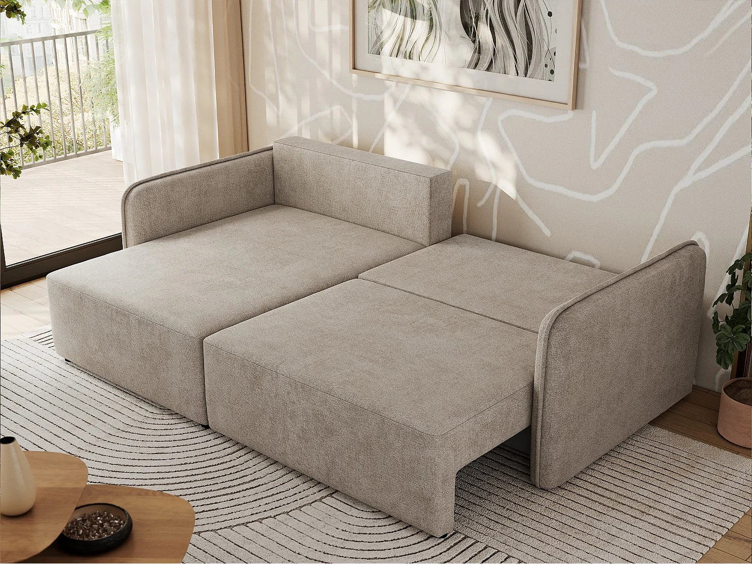 Ecksofa MESTO - Schlaffunktion und Bettkasten, L-form Couch für das Wohnzimmer, Armlehnen - Beige Struktur - Ecke Links