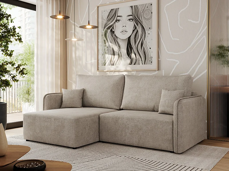 Ecksofa MESTO - Schlaffunktion und Bettkasten, L-form Couch für das Wohnzimmer, Armlehnen - Beige Struktur - Ecke Links