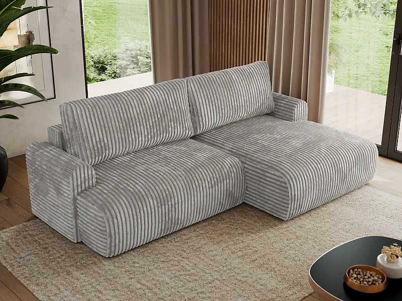 Ecksofa TONO - mit Schlaffunktion und Bettkasten, L-form Ecke, Armlehnen - Grau Cord - Ecke Rechts