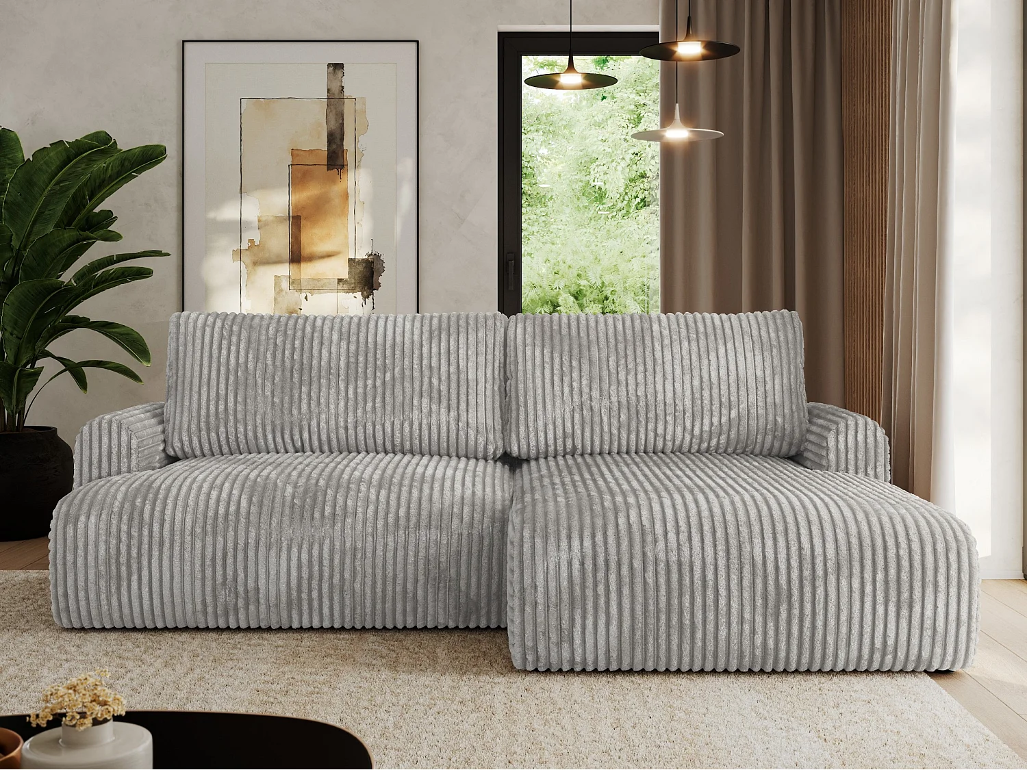Ecksofa TONO - mit Schlaffunktion und Bettkasten, L-form Ecke, Armlehnen - Grau Cord - Ecke Rechts