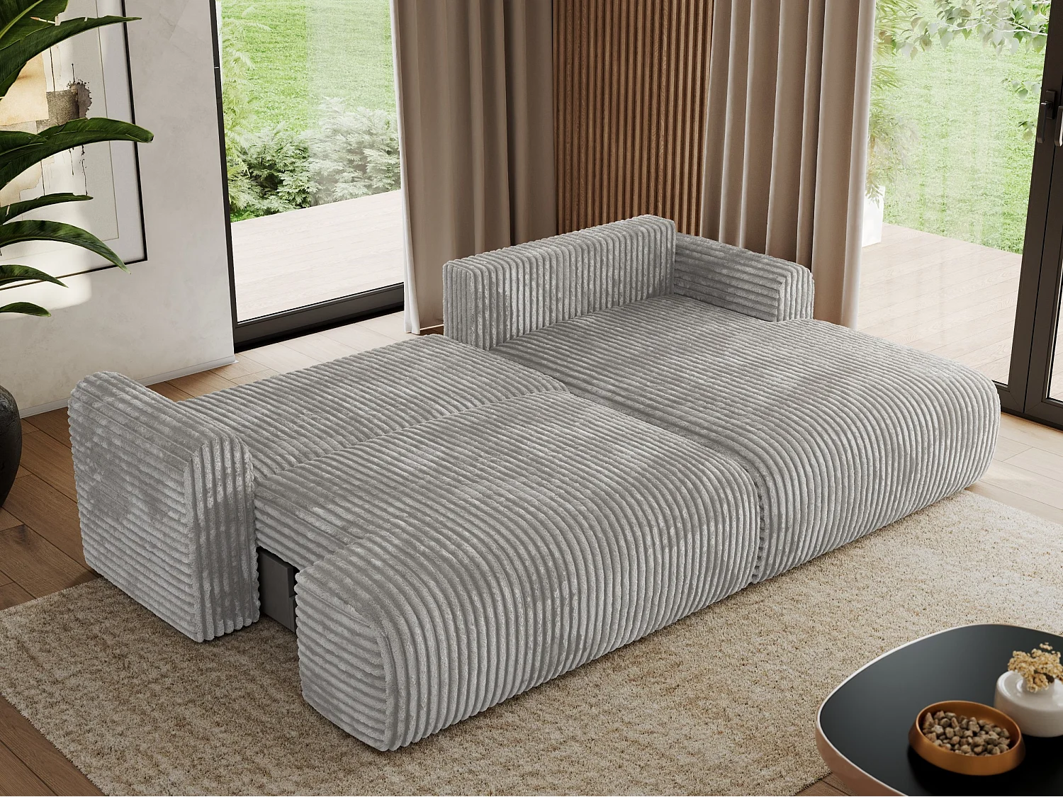 Ecksofa TONO - mit Schlaffunktion und Bettkasten, L-form Ecke, Armlehnen - Grau Cord - Ecke Rechts