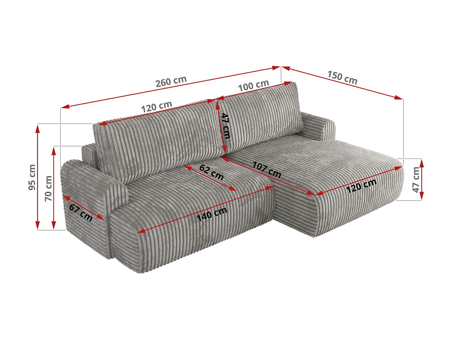 Ecksofa TONO - mit Schlaffunktion und Bettkasten, L-form Ecke, Armlehnen - Grau Cord - Ecke Rechts