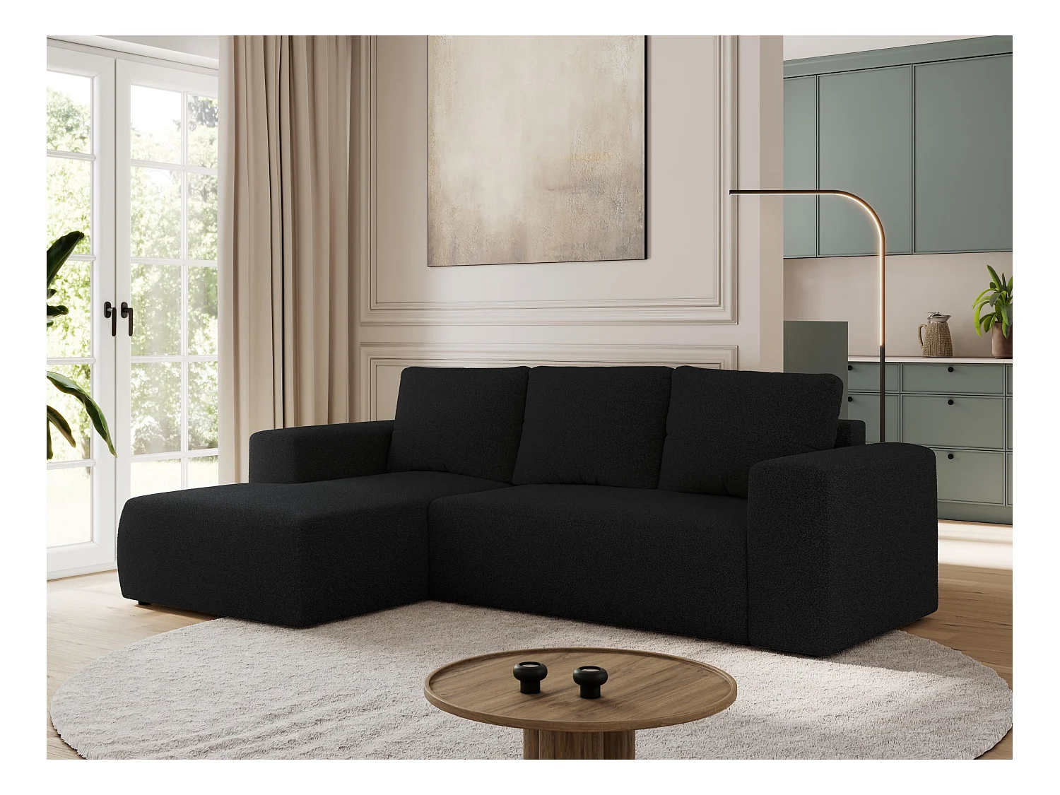Ecksofa TRENTINO - mit Schlaffunktion und Bettkasten, L-form Couch, lose Kissen und Armlehnen - Schwarz Boucle - Ecke Links