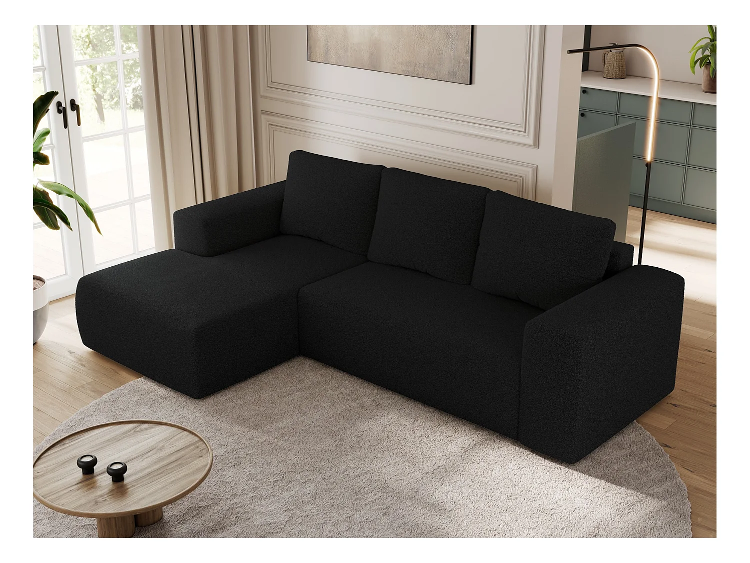 Ecksofa TRENTINO - mit Schlaffunktion und Bettkasten, L-form Couch, lose Kissen und Armlehnen - Schwarz Boucle - Ecke Links