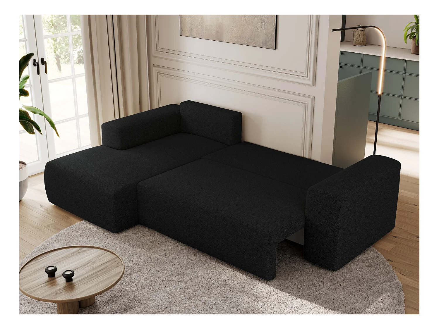 Ecksofa TRENTINO - mit Schlaffunktion und Bettkasten, L-form Couch, lose Kissen und Armlehnen - Schwarz Boucle - Ecke Links