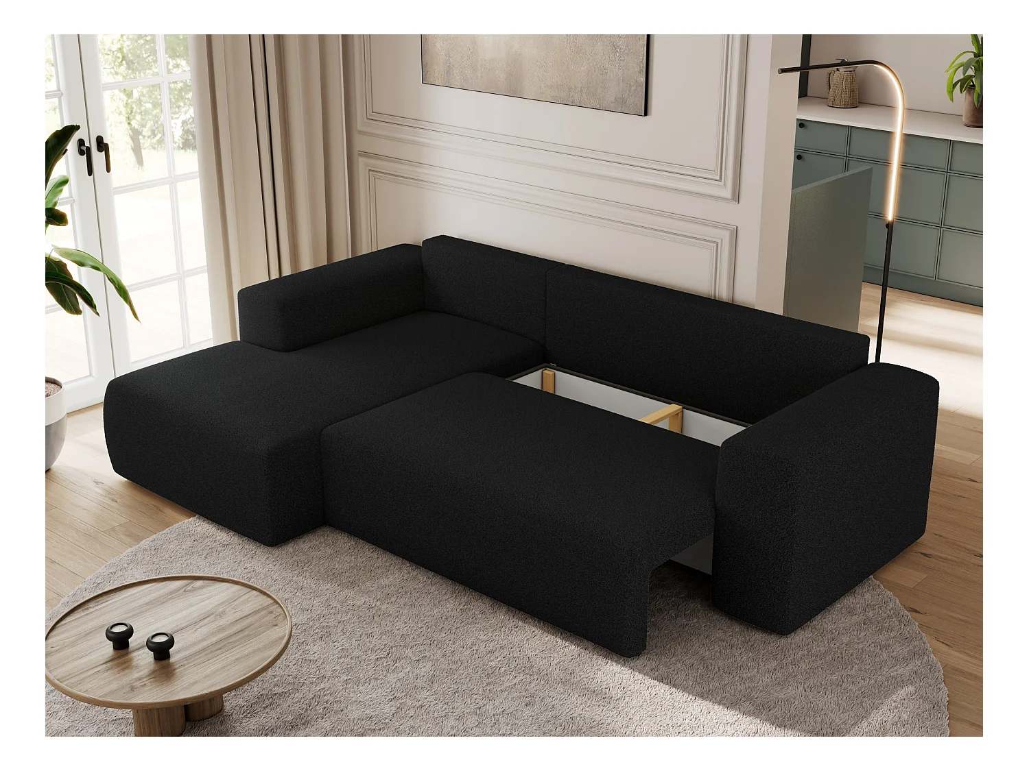 Ecksofa TRENTINO - mit Schlaffunktion und Bettkasten, L-form Couch, lose Kissen und Armlehnen - Schwarz Boucle - Ecke Links