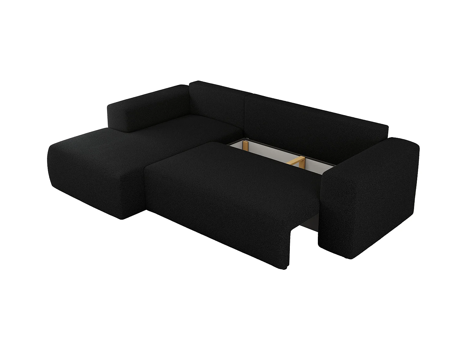 Ecksofa TRENTINO - mit Schlaffunktion und Bettkasten, L-form Couch, lose Kissen und Armlehnen - Schwarz Boucle - Ecke Links