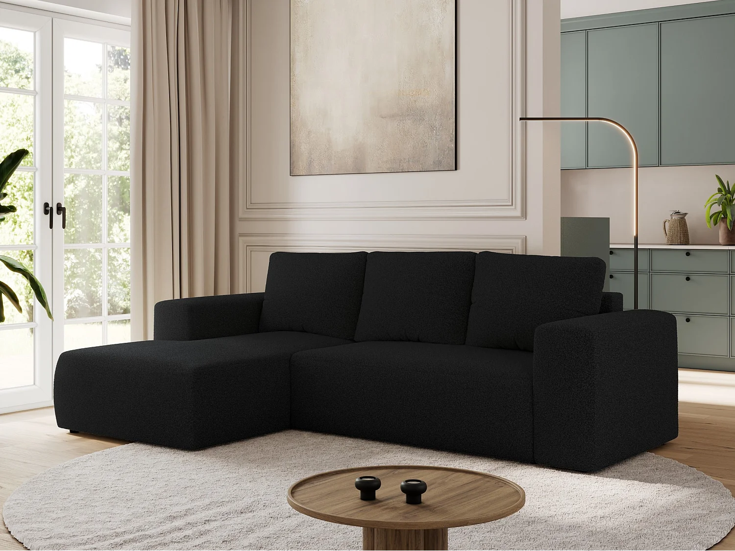 Ecksofa TRENTINO - mit Schlaffunktion und Bettkasten, L-form Couch, lose Kissen und Armlehnen - Schwarz Boucle - Ecke Links