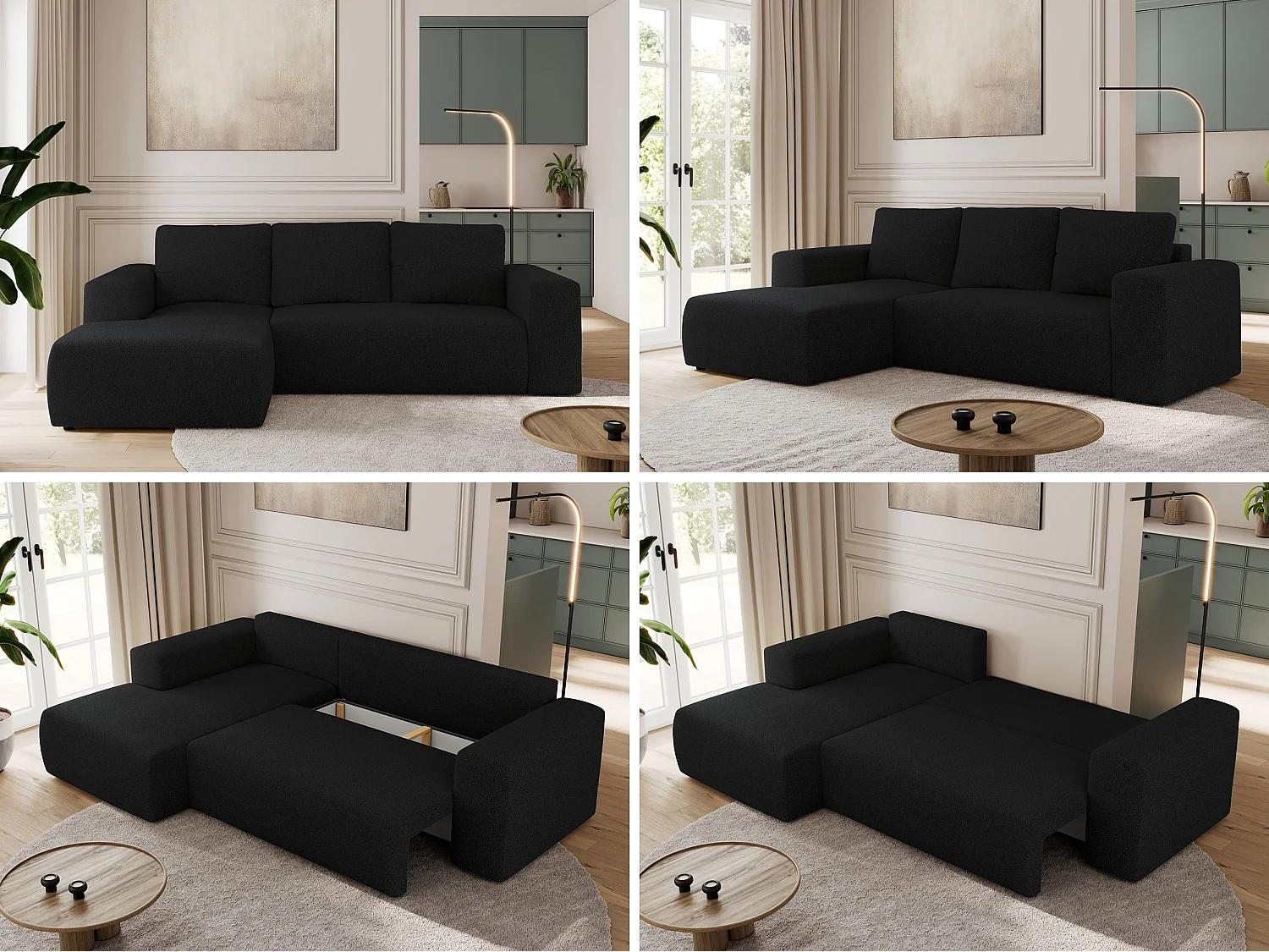 Ecksofa TRENTINO - mit Schlaffunktion und Bettkasten, L-form Couch, lose Kissen und Armlehnen - Schwarz Boucle - Ecke Links