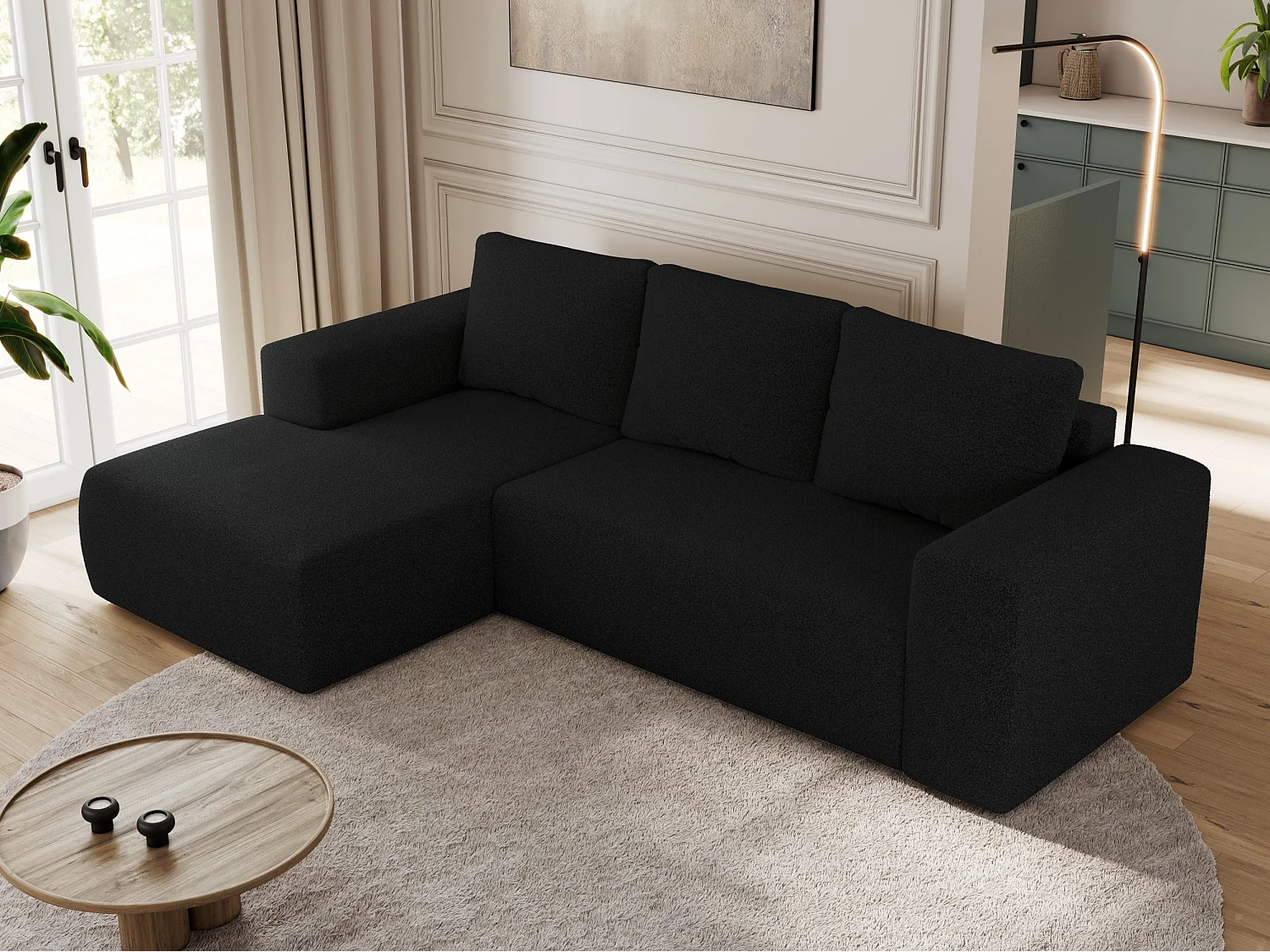 Ecksofa TRENTINO - mit Schlaffunktion und Bettkasten, L-form Couch, lose Kissen und Armlehnen - Schwarz Boucle - Ecke Links