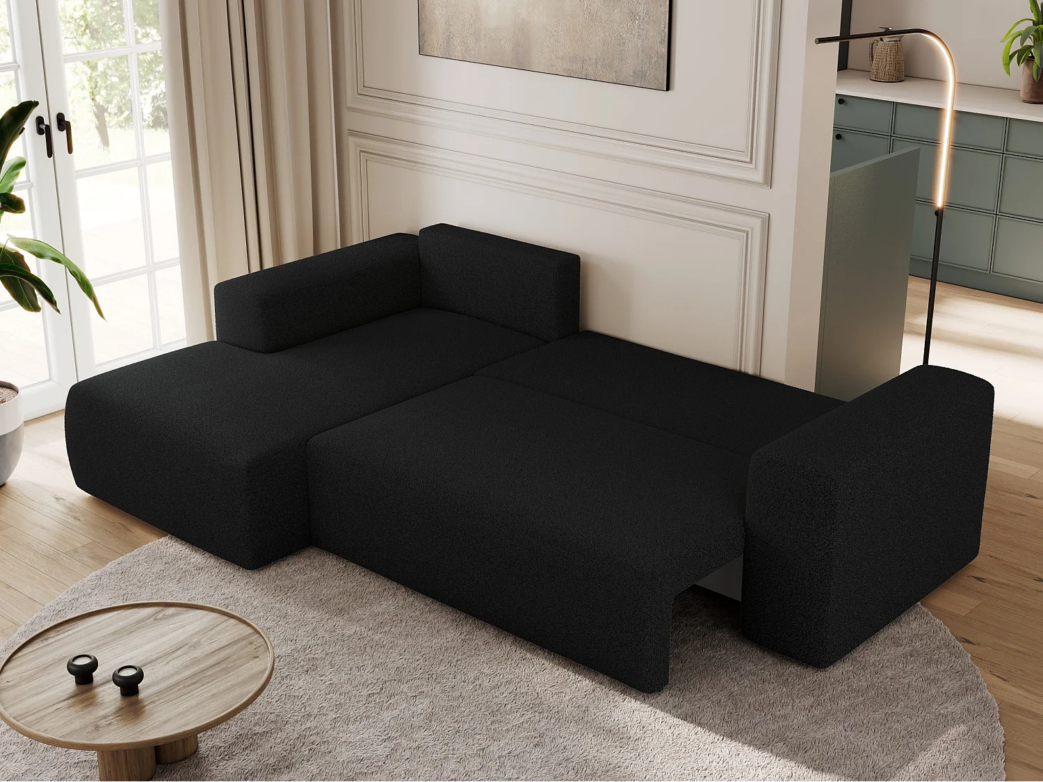 Ecksofa TRENTINO - mit Schlaffunktion und Bettkasten, L-form Couch, lose Kissen und Armlehnen - Schwarz Boucle - Ecke Links