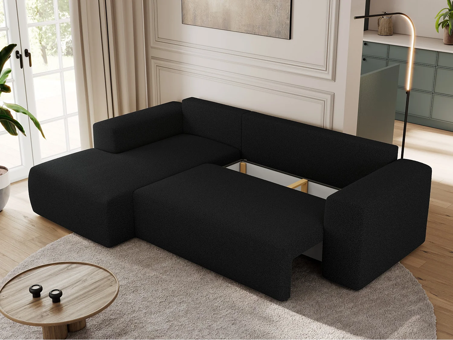 Ecksofa TRENTINO - mit Schlaffunktion und Bettkasten, L-form Couch, lose Kissen und Armlehnen - Schwarz Boucle - Ecke Links