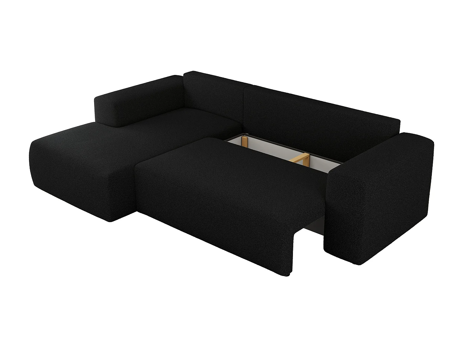 Ecksofa TRENTINO - mit Schlaffunktion und Bettkasten, L-form Couch, lose Kissen und Armlehnen - Schwarz Boucle - Ecke Links