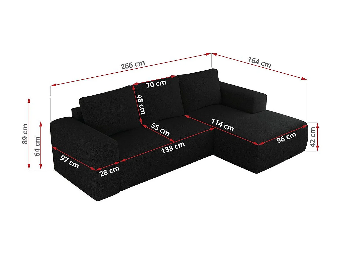 Ecksofa TRENTINO - mit Schlaffunktion und Bettkasten, L-form Couch, lose Kissen und Armlehnen - Schwarz Boucle - Ecke Links