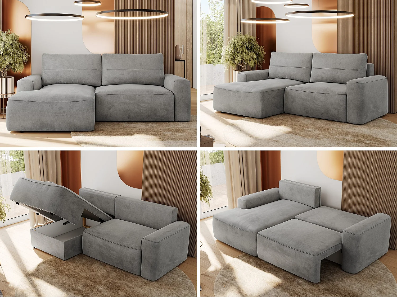 Ecksofa BELLUNO - Schlafsofa mit Bettkasten, Armlehnen, Couch L-form mit Schlaffunktion - Hellgrau Velvet - Ecke Links