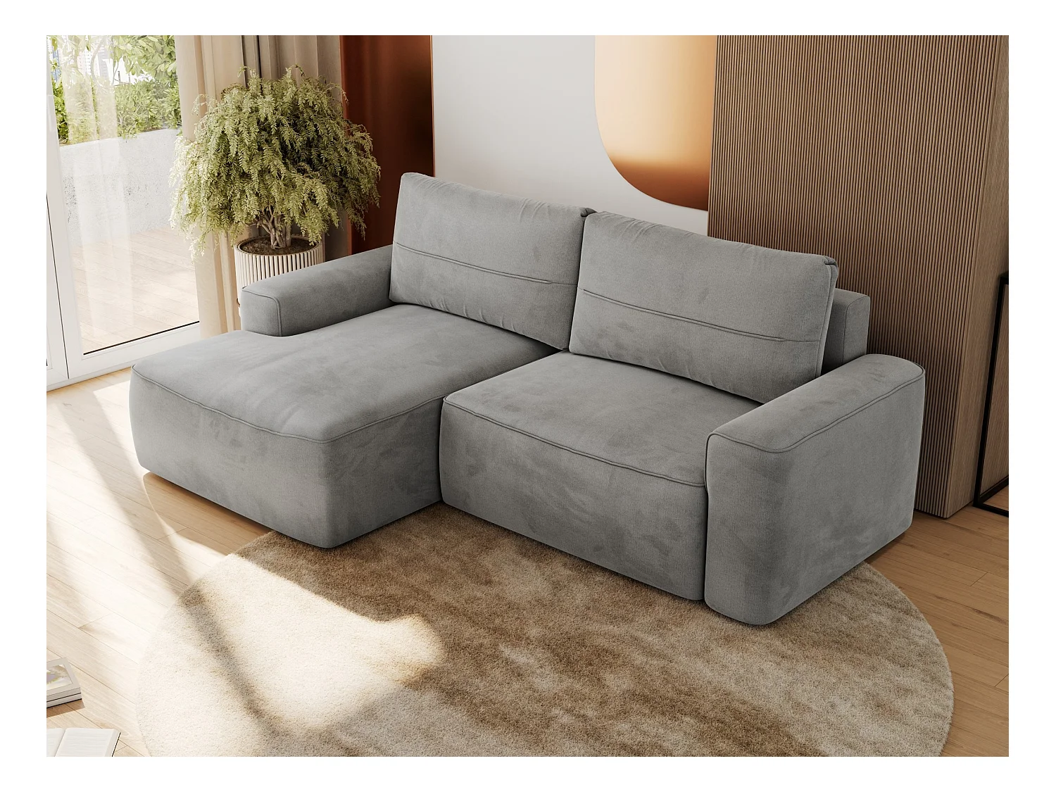 Ecksofa BELLUNO - Schlafsofa mit Bettkasten, Armlehnen, Couch L-form mit Schlaffunktion - Hellgrau Velvet - Ecke Links