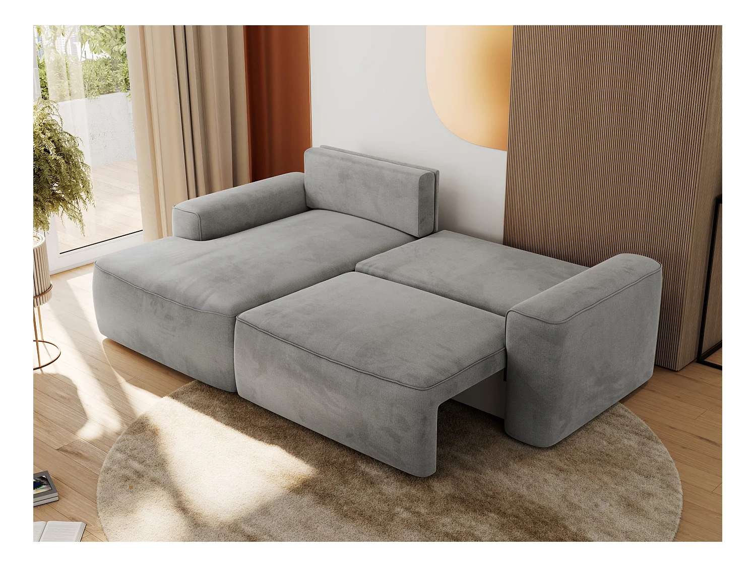 Ecksofa BELLUNO - Schlafsofa mit Bettkasten, Armlehnen, Couch L-form mit Schlaffunktion - Hellgrau Velvet - Ecke Links