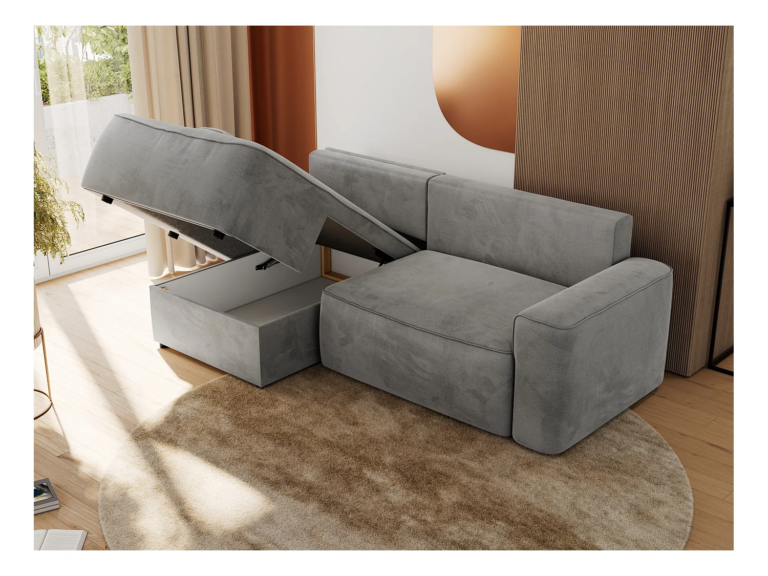 Ecksofa BELLUNO - Schlafsofa mit Bettkasten, Armlehnen, Couch L-form mit Schlaffunktion - Hellgrau Velvet - Ecke Links