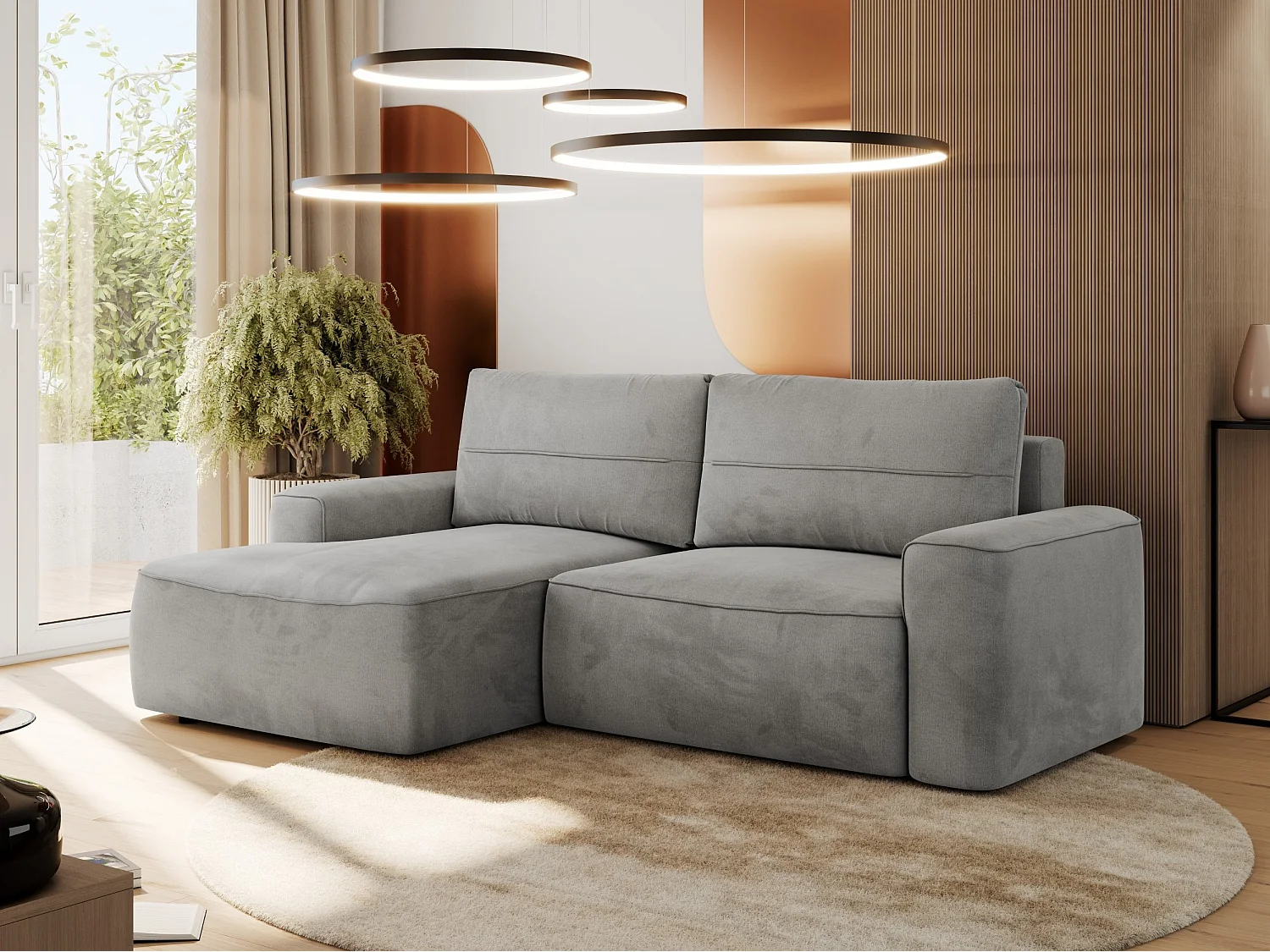 Ecksofa BELLUNO - Schlafsofa mit Bettkasten, Armlehnen, Couch L-form mit Schlaffunktion - Hellgrau Velvet - Ecke Links