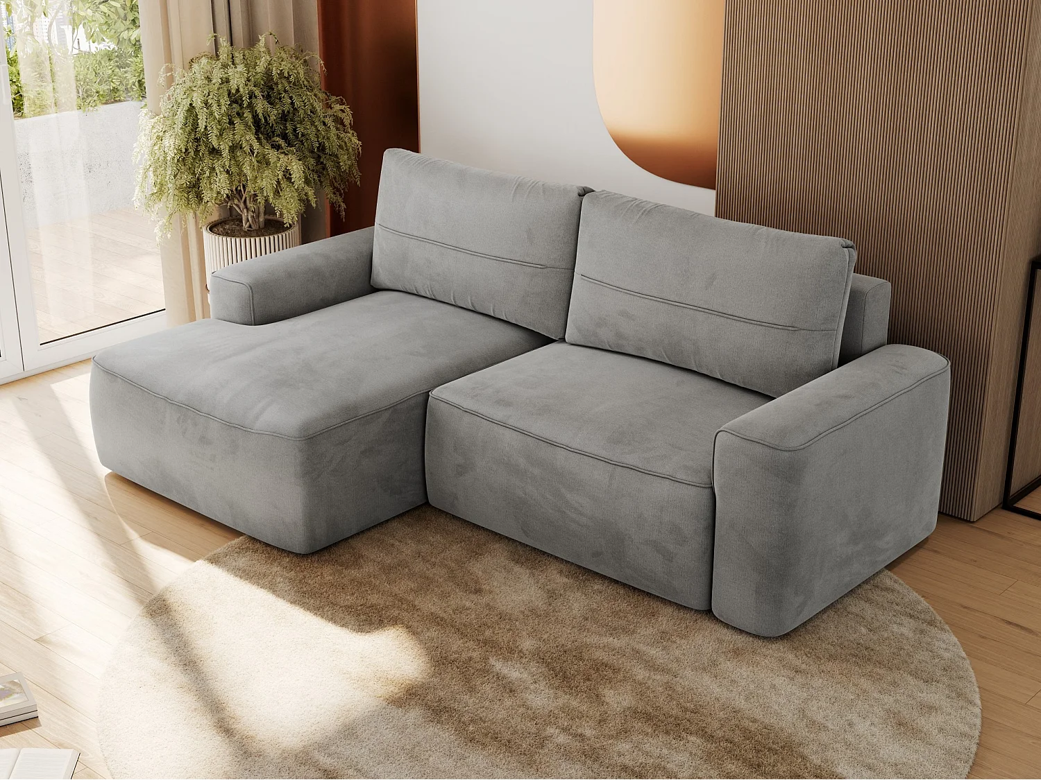 Ecksofa BELLUNO - Schlafsofa mit Bettkasten, Armlehnen, Couch L-form mit Schlaffunktion - Hellgrau Velvet - Ecke Links