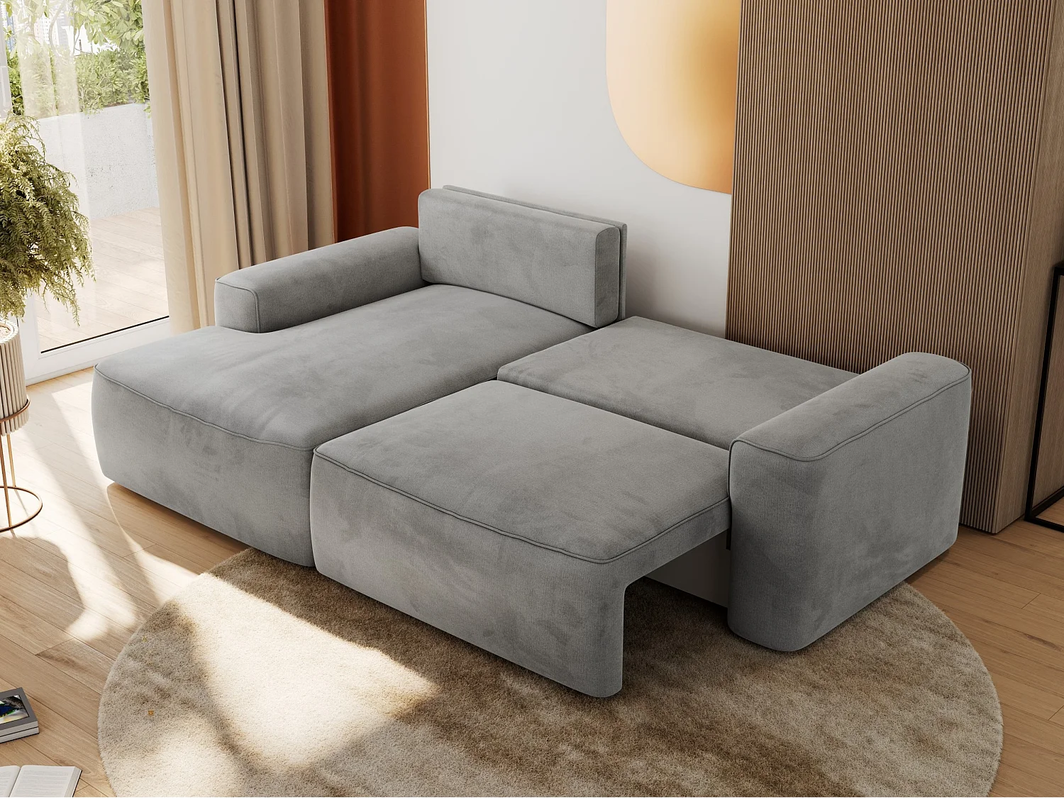 Ecksofa BELLUNO - Schlafsofa mit Bettkasten, Armlehnen, Couch L-form mit Schlaffunktion - Hellgrau Velvet - Ecke Links