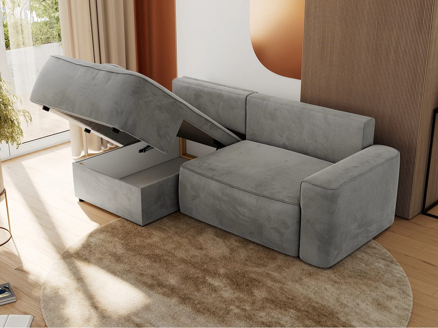 Ecksofa BELLUNO - Schlafsofa mit Bettkasten, Armlehnen, Couch L-form mit Schlaffunktion - Hellgrau Velvet - Ecke Links