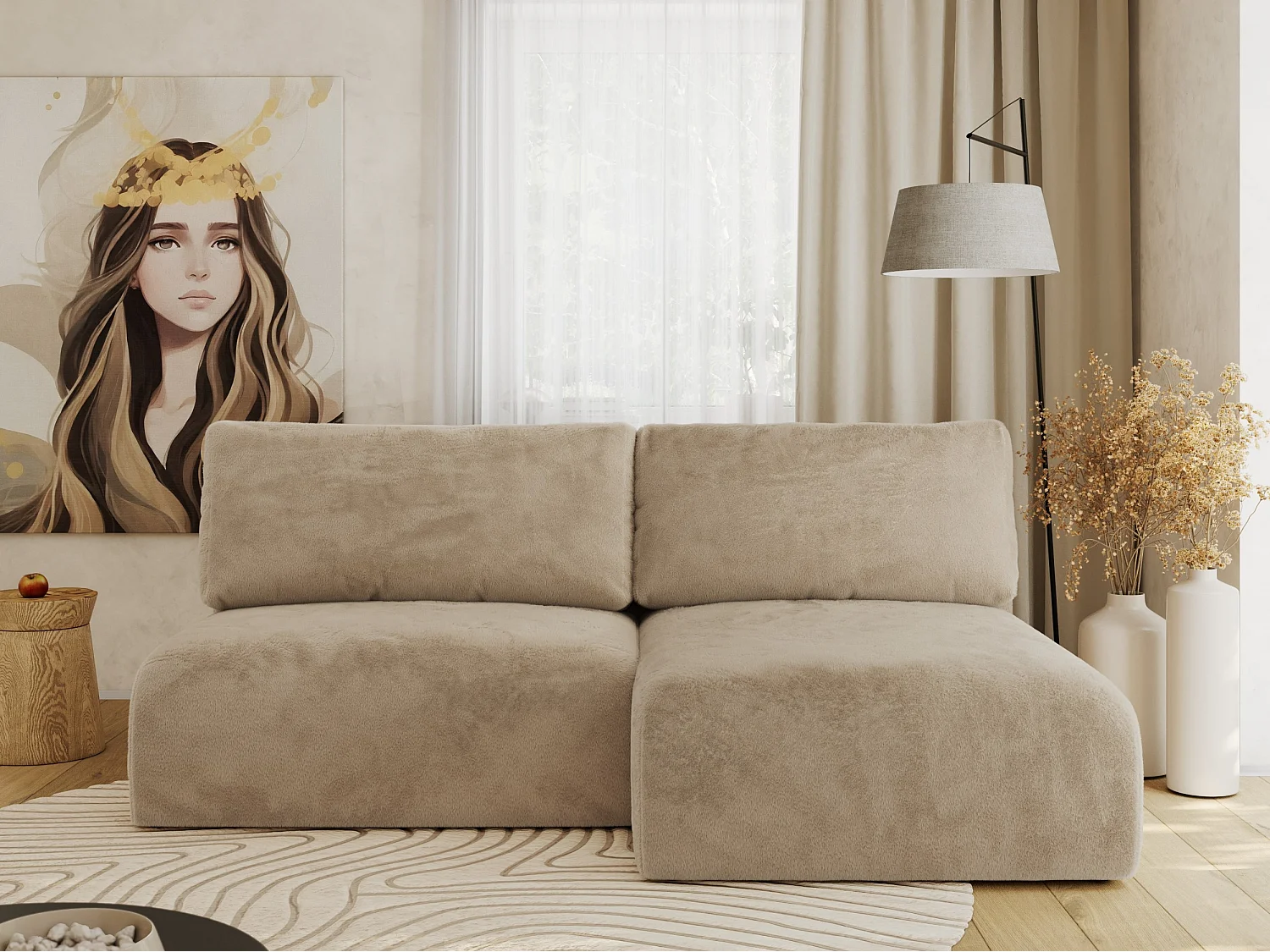 Ecksofa VIVO - L-form Couch mit Schlaffunktion und Bettkasten, Wellenfeder - Beige Plüsch - Ecke Rechts