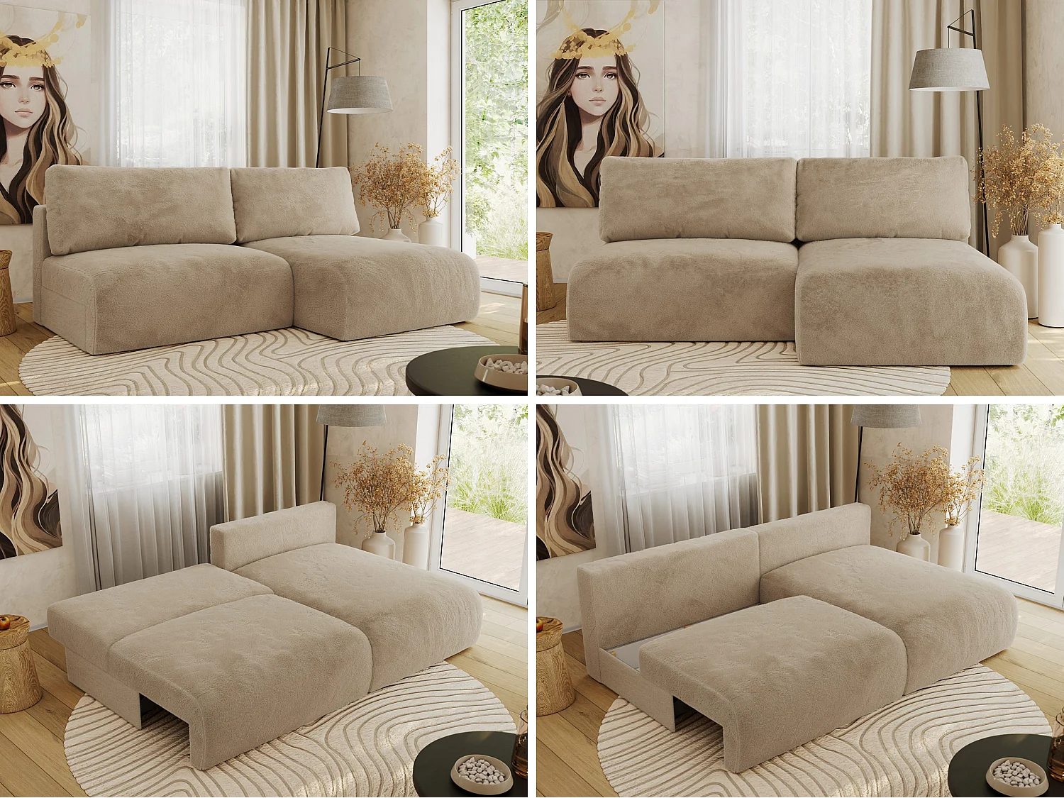 Ecksofa VIVO - L-form Couch mit Schlaffunktion und Bettkasten, Wellenfeder - Beige Plüsch - Ecke Rechts