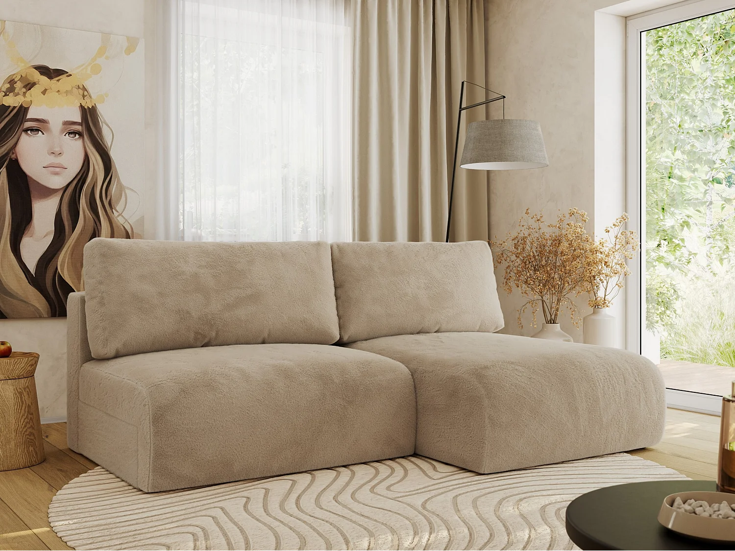 Ecksofa VIVO - L-form Couch mit Schlaffunktion und Bettkasten, Wellenfeder - Beige Plüsch - Ecke Rechts
