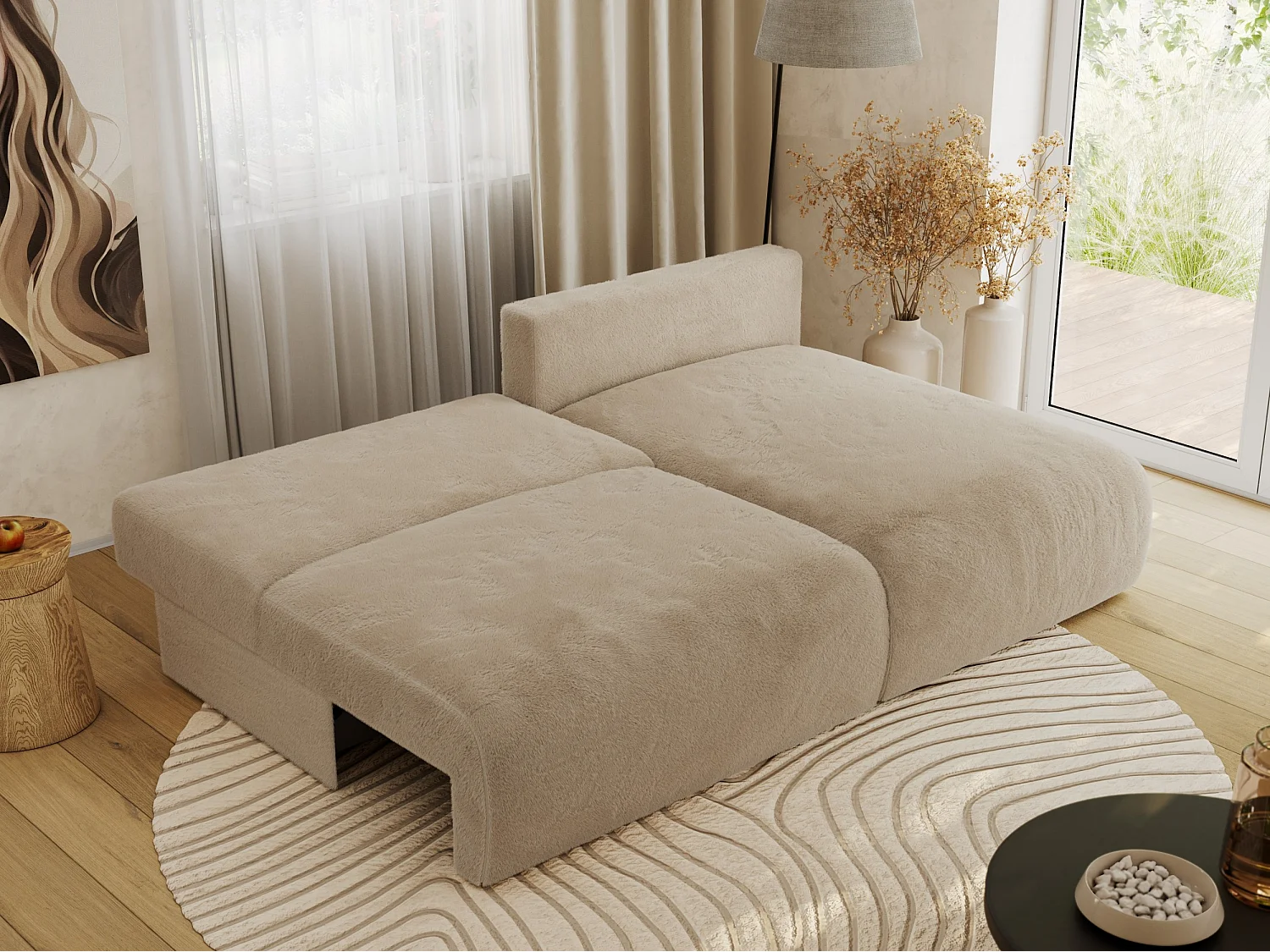 Ecksofa VIVO - L-form Couch mit Schlaffunktion und Bettkasten, Wellenfeder - Beige Plüsch - Ecke Rechts