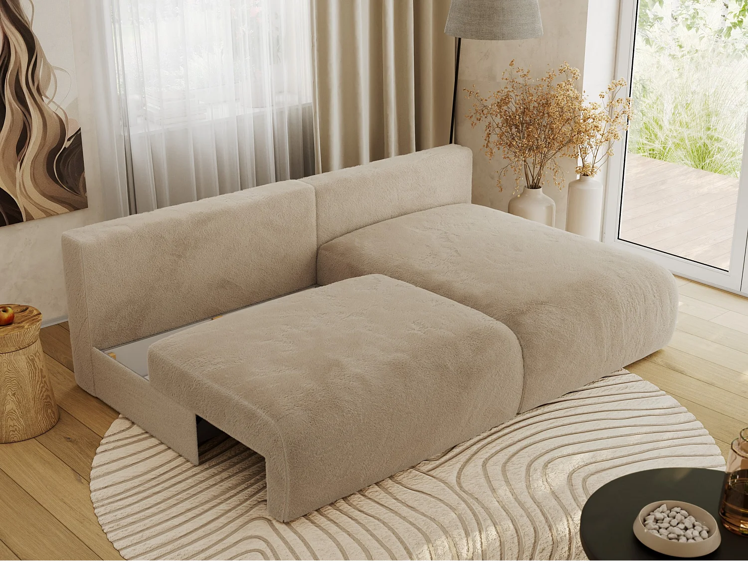 Ecksofa VIVO - L-form Couch mit Schlaffunktion und Bettkasten, Wellenfeder - Beige Plüsch - Ecke Rechts