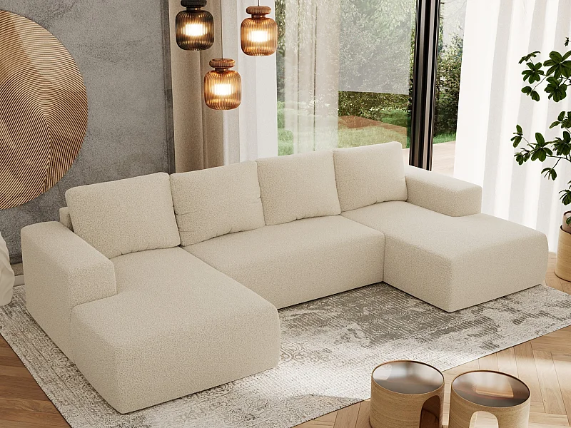Ecksofa TRENTINO U - mit Schlaffunktion und Bettkasten, U-förmiges Wohnlandschaft, Armlehnen - Beige Boucle