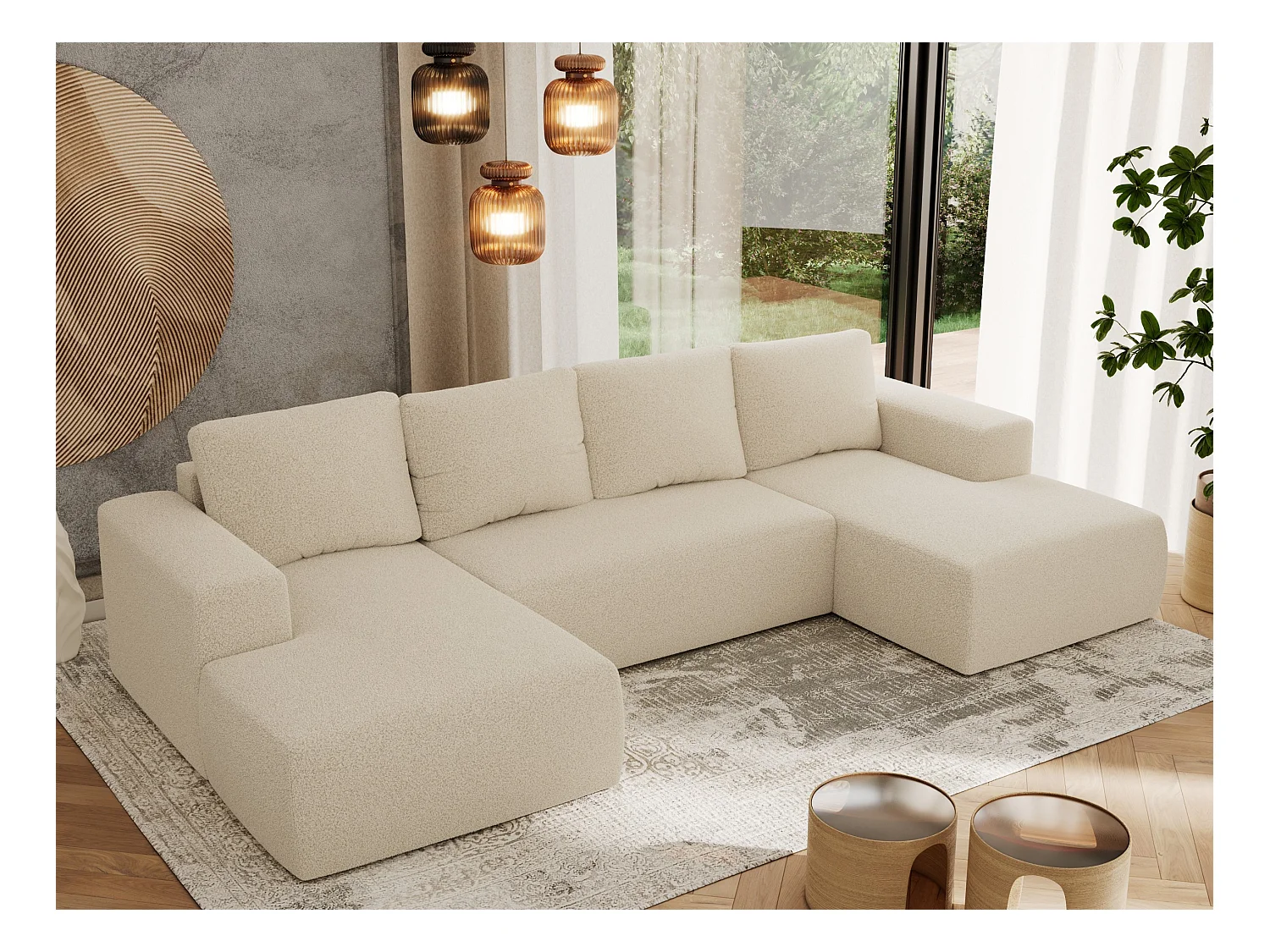Ecksofa TRENTINO U - mit Schlaffunktion und Bettkasten, U-förmiges Wohnlandschaft, Armlehnen - Beige Boucle